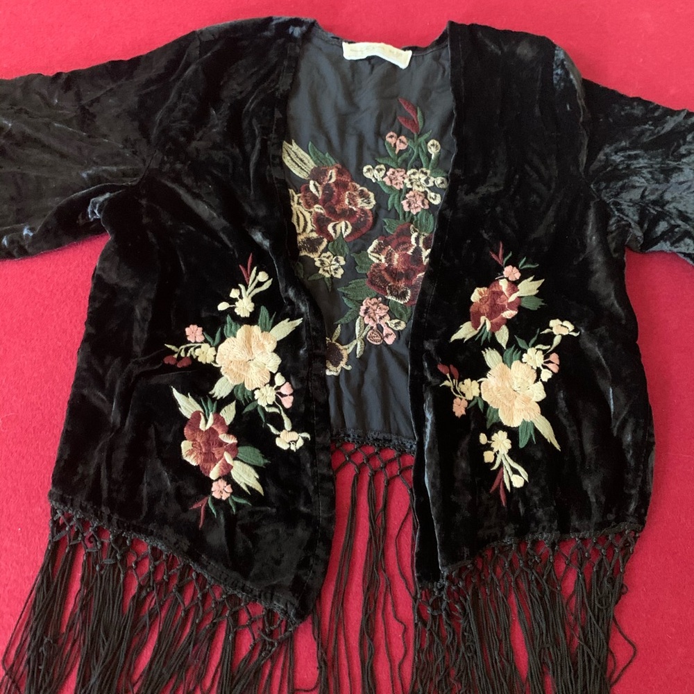 Crushed Velvet Fringed Hem Embroidered Kimono